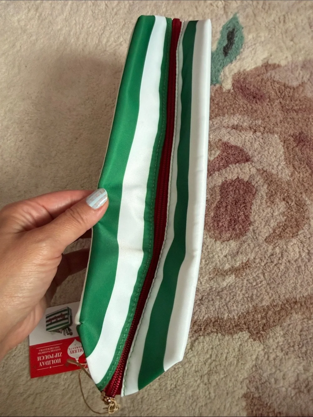 NEW Merry Moments Green Striped 'ho ho ho' Cosmetic Bag